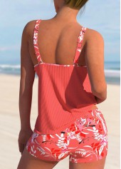 Floral Print Contrast Binding Coral Tankini Set