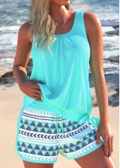 Geometric Print Bowknot Mint Green Tankini Set