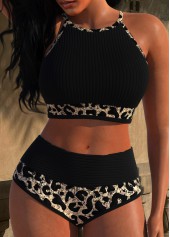 High Waisted Leopard Patchwork Black Bikini Set