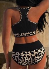 High Waisted Leopard Patchwork Black Bikini Set