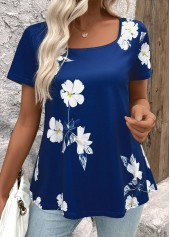 Floral Print Dark Blue Short Sleeve T Shirt