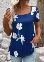 Floral Print Dark Blue Short Sleeve T Shirt