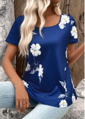 Floral Print Dark Blue Short Sleeve T Shirt