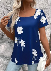 Floral Print Dark Blue Short Sleeve T Shirt