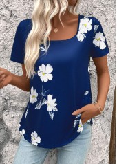 Floral Print Dark Blue Short Sleeve T Shirt