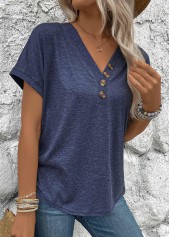 Button Navy Short Sleeve V Neck Blouse