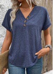 Button Navy Short Sleeve V Neck Blouse