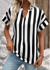 Striped Patchwork Black Short Sleeve Split Neck Blouse