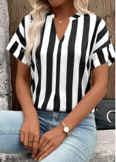 Striped Patchwork Black Short Sleeve Split Neck Blouse
