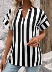 Striped Patchwork Black Short Sleeve Split Neck Blouse