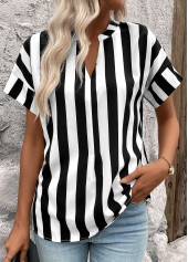 Striped Patchwork Black Short Sleeve Split Neck Blouse