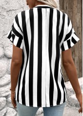 Striped Patchwork Black Short Sleeve Split Neck Blouse