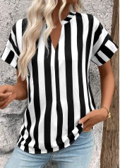 Striped Patchwork Black Short Sleeve Split Neck Blouse