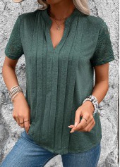 Pleated Green Short Sleeve Split Neck T Shirt
