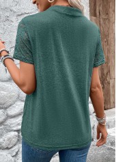 Pleated Green Short Sleeve Split Neck T Shirt