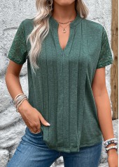 Pleated Green Short Sleeve Split Neck T Shirt