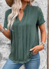 Pleated Green Short Sleeve Split Neck T Shirt