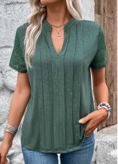 Pleated Green Short Sleeve Split Neck T Shirt