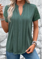 Pleated Green Short Sleeve Split Neck T Shirt