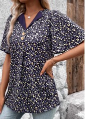 Ditsy Floral Print Button Navy Short Sleeve T Shirt