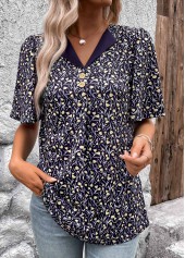 Ditsy Floral Print Button Navy Short Sleeve T Shirt