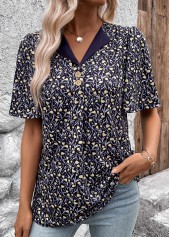 Ditsy Floral Print Button Navy Short Sleeve T Shirt
