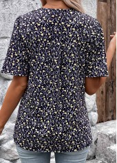 Ditsy Floral Print Button Navy Short Sleeve T Shirt