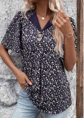 Ditsy Floral Print Button Navy Short Sleeve T Shirt