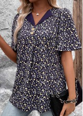 Ditsy Floral Print Button Navy Short Sleeve T Shirt