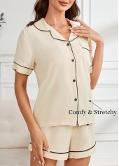 Shirt Collar Beige Short Sleeve Lounge Top and Shorts