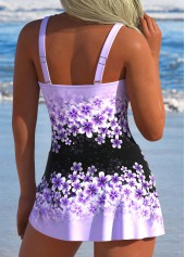 Floral Print Patchwork Light Purple One Piece Swimdress