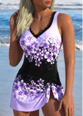 Floral Print Patchwork Light Purple One Piece Swimdress