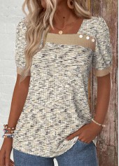 Button Light Coffee Short Sleeve Asymmetrical Neck T Shirt