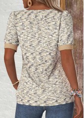 Button Light Coffee Short Sleeve Asymmetrical Neck T Shirt