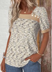 Button Light Coffee Short Sleeve Asymmetrical Neck T Shirt