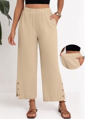 Split Beige Elastic Waist High Waisted Pants