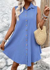 Button Denim Blue A Line Sleeveless Shirt Collar Dress