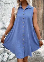 Button Denim Blue A Line Sleeveless Shirt Collar Dress