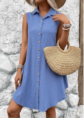 Button Denim Blue A Line Sleeveless Shirt Collar Dress