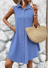 Button Denim Blue A Line Sleeveless Shirt Collar Dress