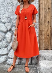Pleated Neon Red Short Sleeve Round Neck Dress
