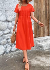 Pleated Neon Red Short Sleeve Round Neck Dress