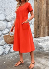 Pleated Neon Red Short Sleeve Round Neck Dress