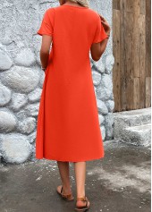 Pleated Neon Red Short Sleeve Round Neck Dress