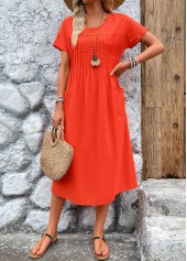 Pleated Neon Red Short Sleeve Round Neck Dress