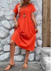 Pleated Neon Red Short Sleeve Round Neck Dress