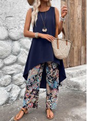 Tribal Print Lightweight Navy Ankle Length Top  and Pants