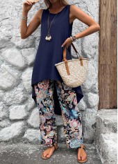 Tribal Print Lightweight Navy Ankle Length Top  and Pants