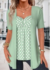 Polka Dot Green Short Sleeve Fake Two Piece Twinset