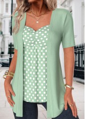 Polka Dot Green Short Sleeve Fake Two Piece Twinset